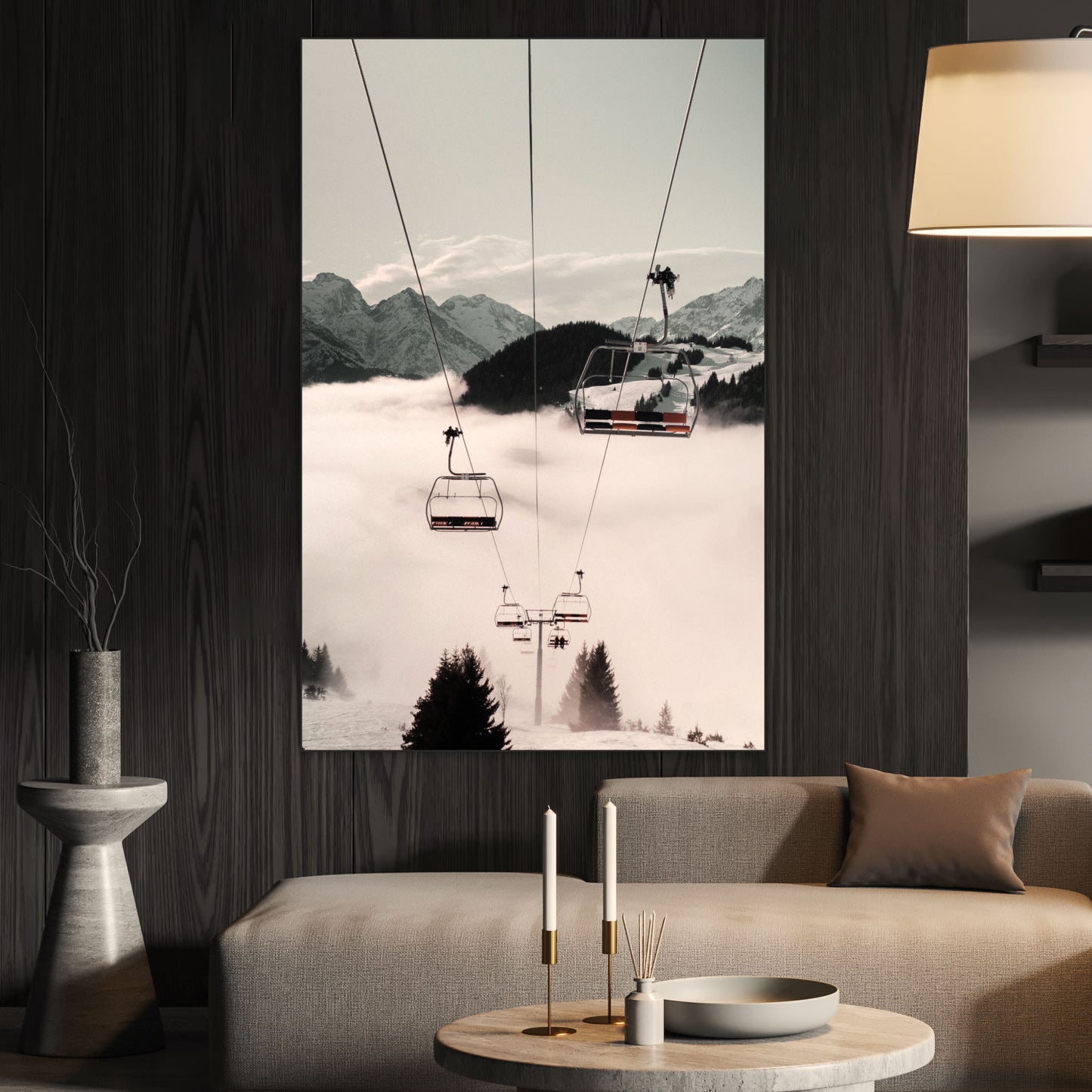 Skilift op Besneeuwde Berg - Fotografie - Muurstatuur